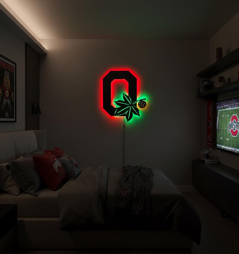 Ohio State Wall Art - Buckeyes Team Logo Illuminated Game Room Decor