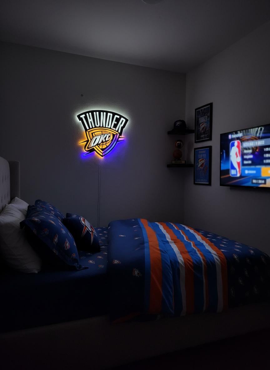 NBA Wall Art - OKC Thunder Team Logo Light Up Sign Game Room Decor