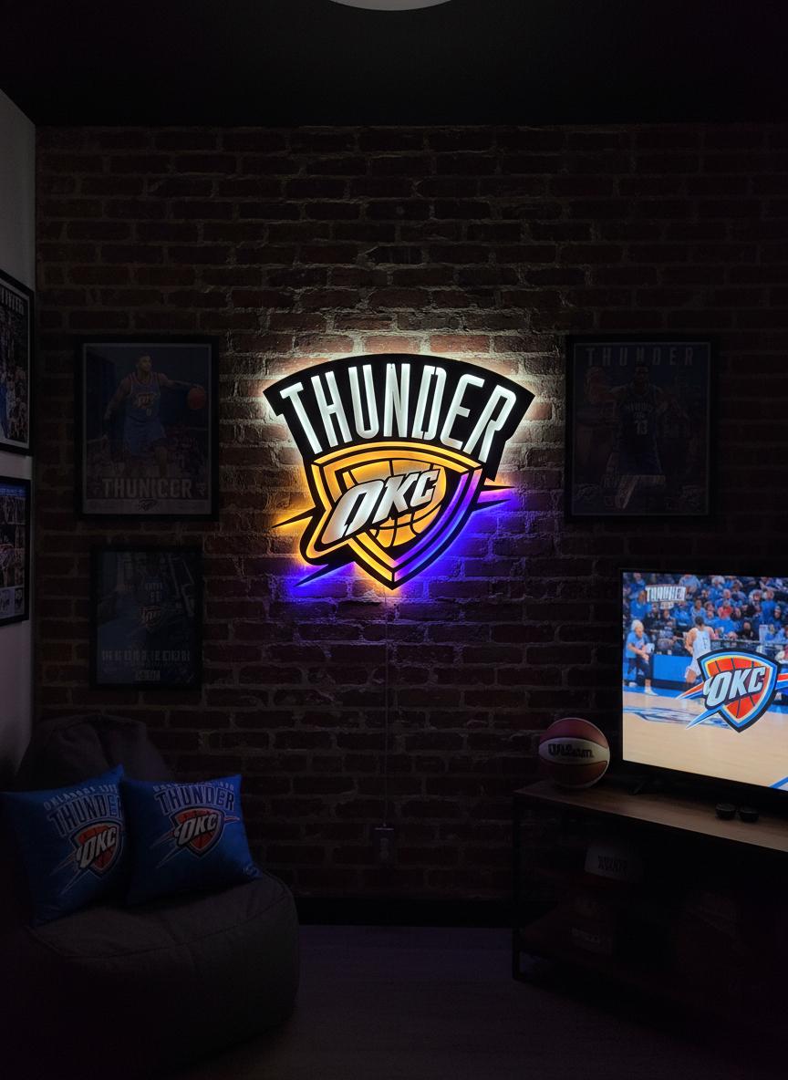 NBA Wall Art - OKC Thunder Team Logo Light Up Sign Game Room Decor