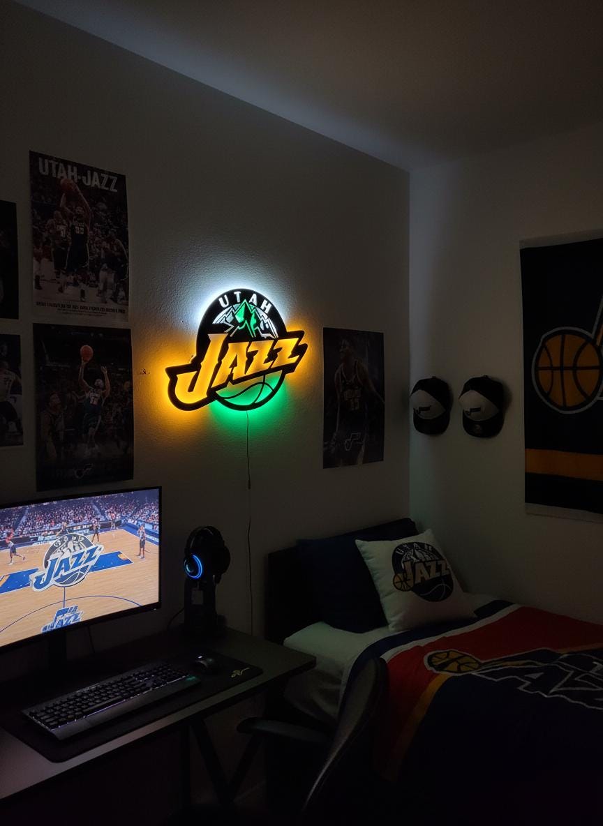 Utah Jazz Wall Art - Team Logo Basketball Decor - Unique Game Room Lighting Gift