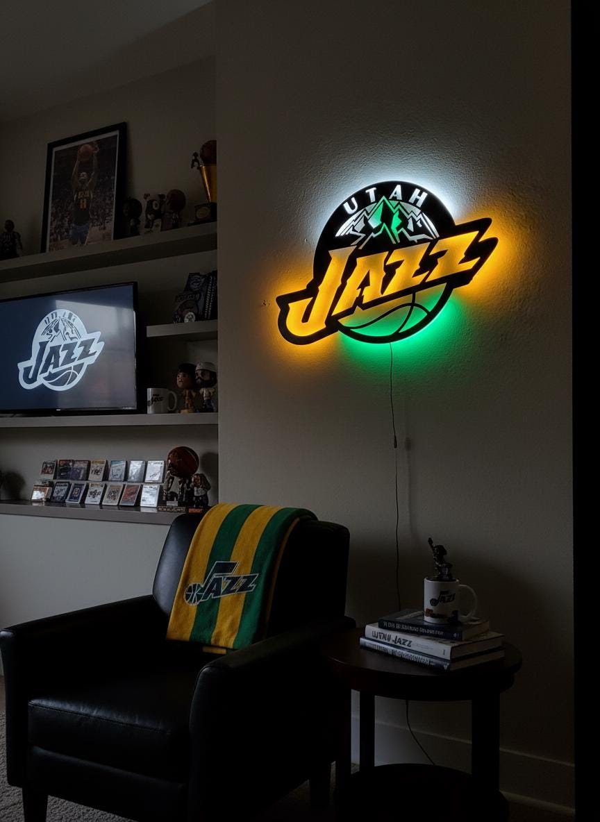 Utah Jazz Wall Art - Team Logo Basketball Decor - Unique Game Room Lighting Gift