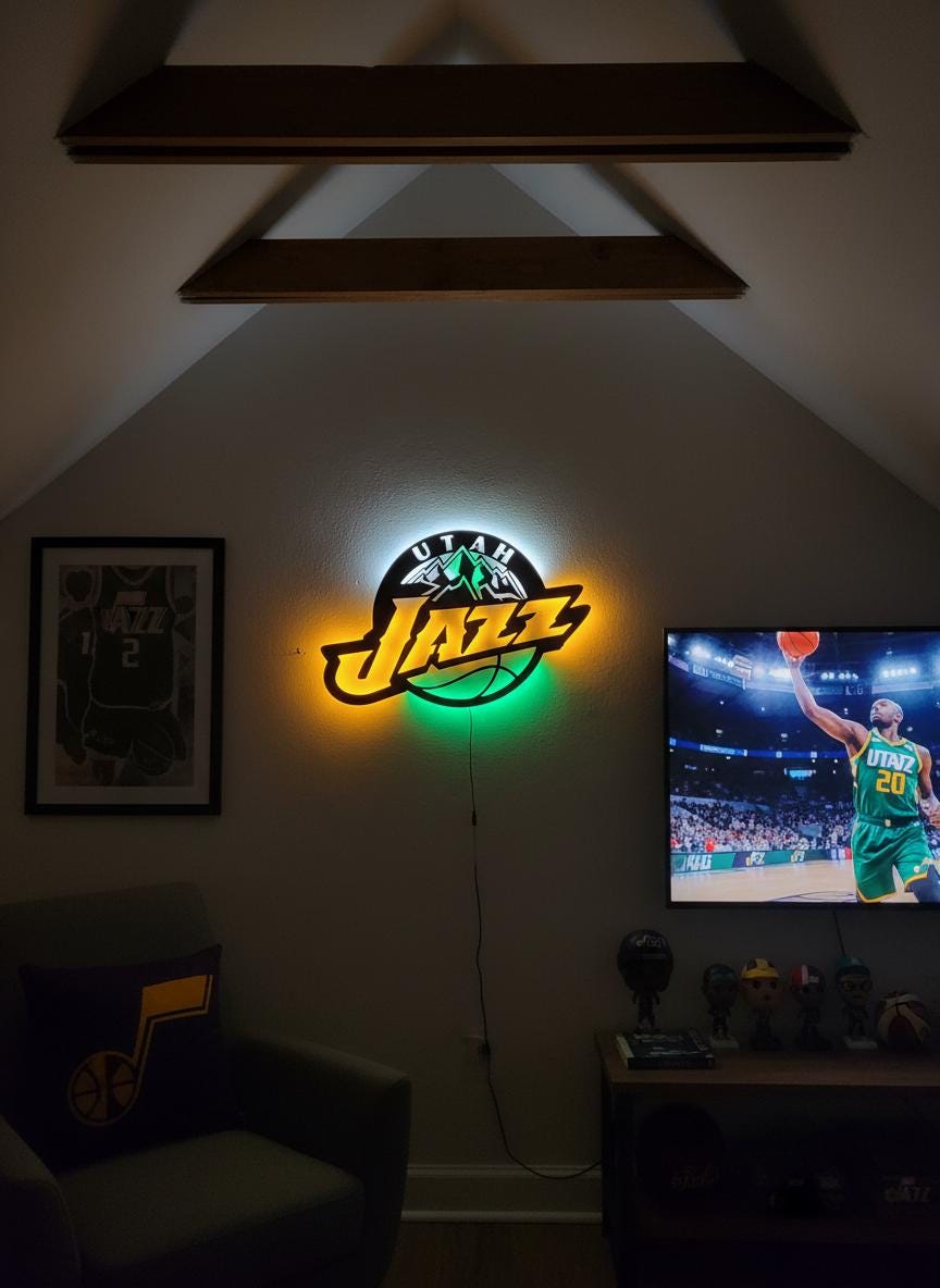 Utah Jazz Wall Art - Team Logo Basketball Decor - Unique Game Room Lighting Gift