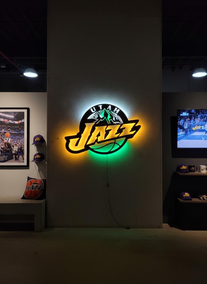 Utah Jazz Wall Art - Team Logo Basketball Decor - Unique Game Room Lighting Gift