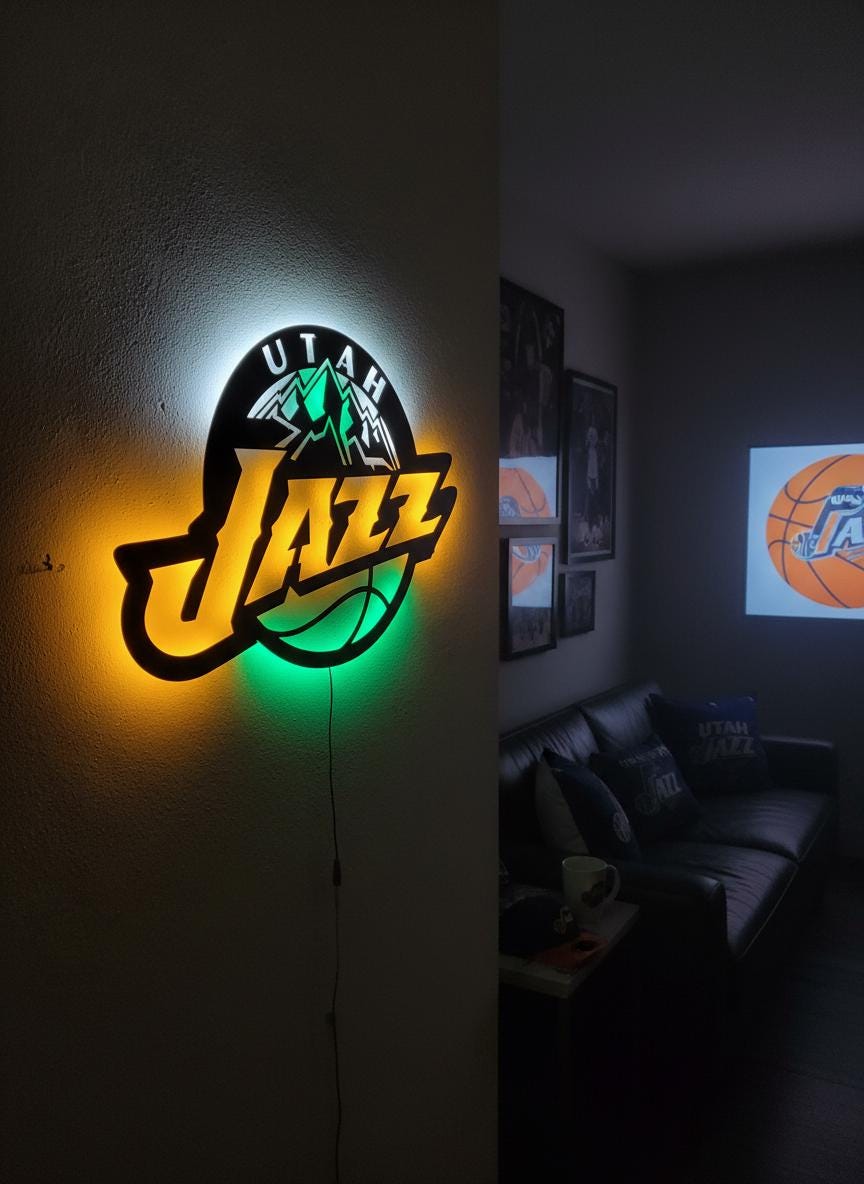 Utah Jazz Wall Art - Team Logo Basketball Decor - Unique Game Room Lighting Gift