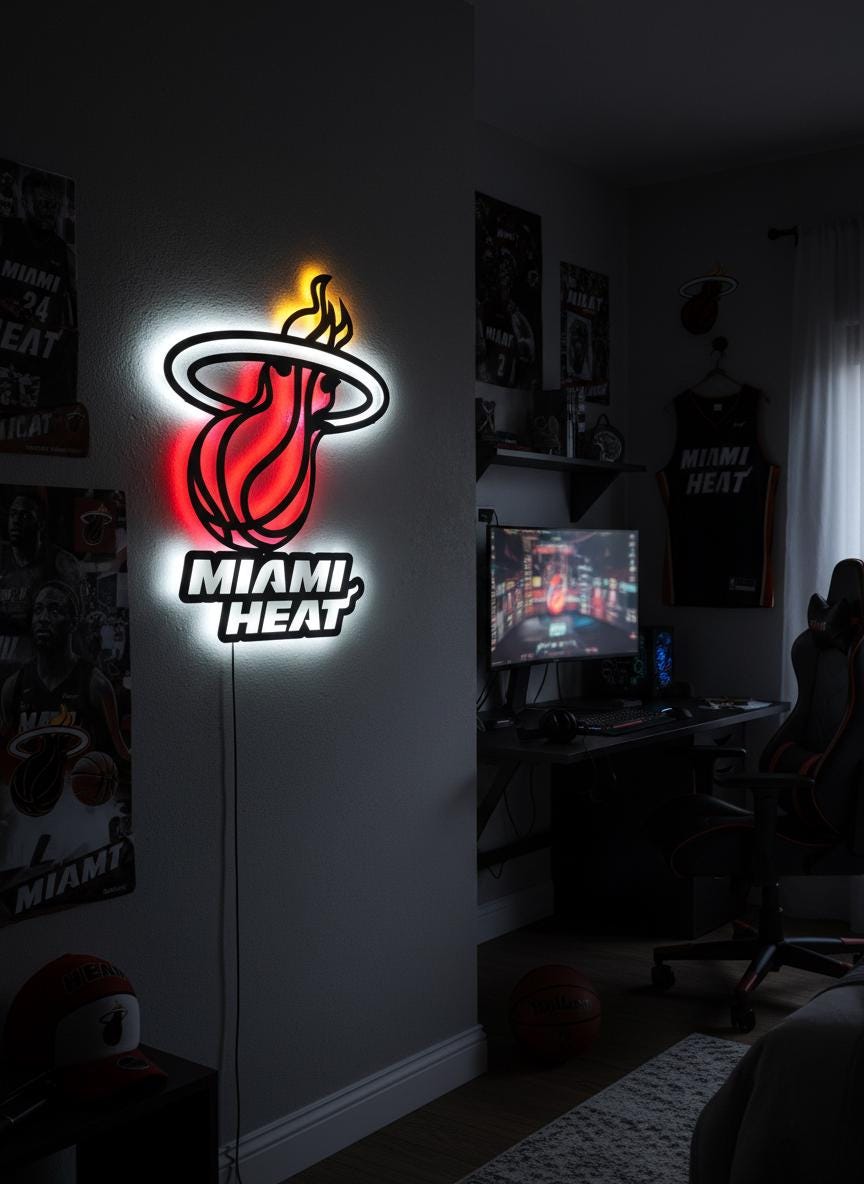 Miami Heat Wall Art - Signature Team Logo Light Up Game Room Decor Gift