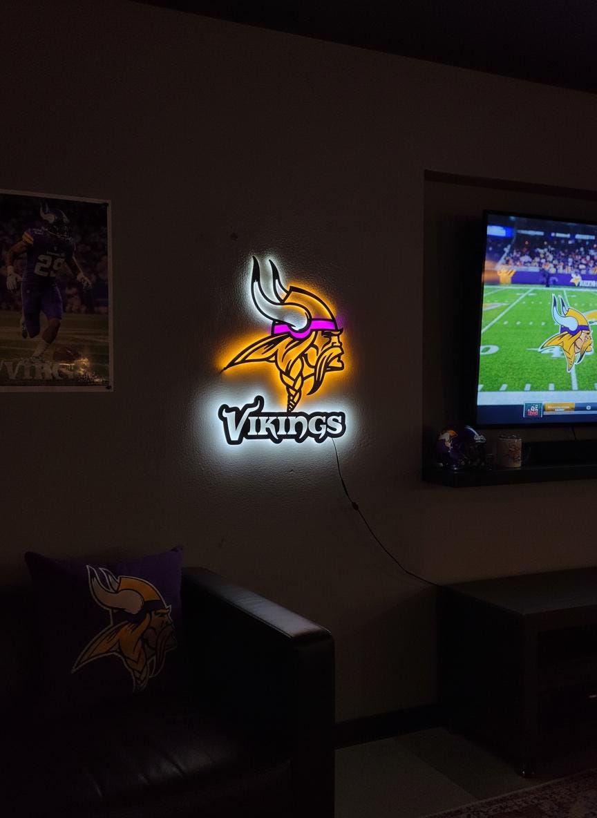 Minnesota Vikings Wall Art - Team Logo Backlit Sign - Man Cave Decor Gift